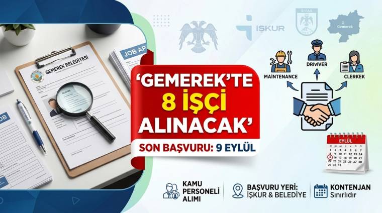 Kırmızı bilgi paneli çevresinde işçi figürleri, özgeçmiş belgeleri, el sıkışma simgesi ve takvim bulunan duyuru