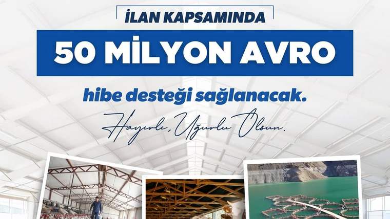 Bir tarım projesi tanıtım afişinde, tavuk çiftliği, su ürünleri yetiştiriciliği ve tarım alanı fotoğrafları yer alıyor.