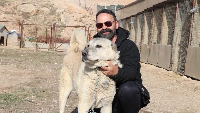 Kısa bir zincire bağlı bir köpeği seven bir adam, arka planda kafesler görünmekte.