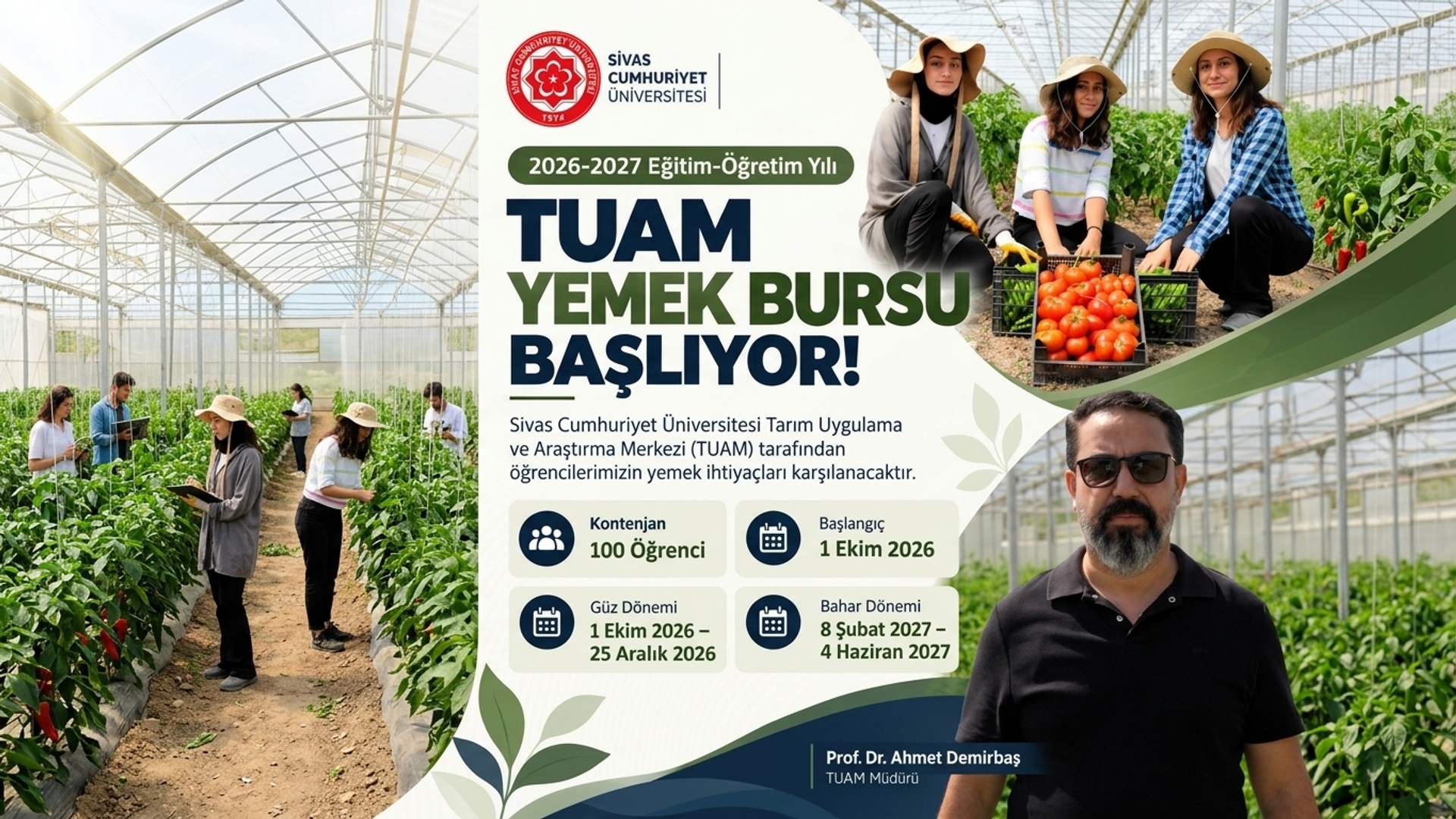 Sera içinde çalışan kişiler, domates kasaları ve “TUAM Yemek Bursu Başlıyor!” yazılı afiş birlikte görülüyor.