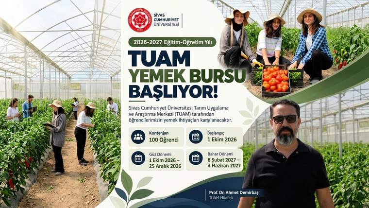 Sera içinde çalışan kişiler, domates kasaları ve “TUAM Yemek Bursu Başlıyor!” yazılı afiş birlikte görülüyor.