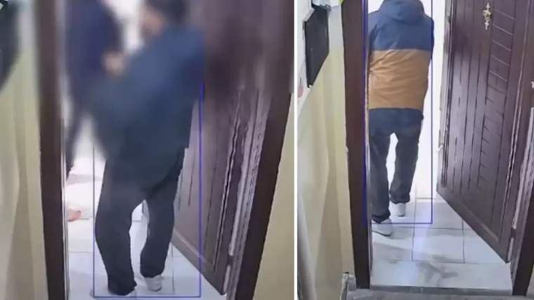İki güvenlik kamerası görüntüsünde, kapı eşiğinde duran ve koridorda yürüyen bir kişi görülüyor.