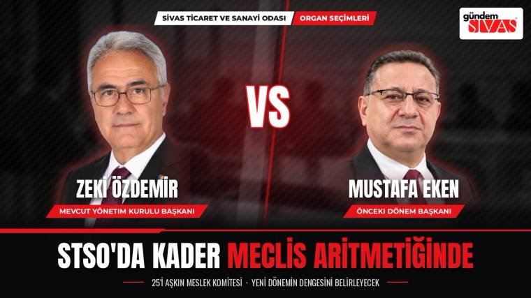 İki erkeğin portresi, aralarında “VS” yazısı ve altta STSO meclis aritmetiğine ilişkin başlık bulunan grafik.