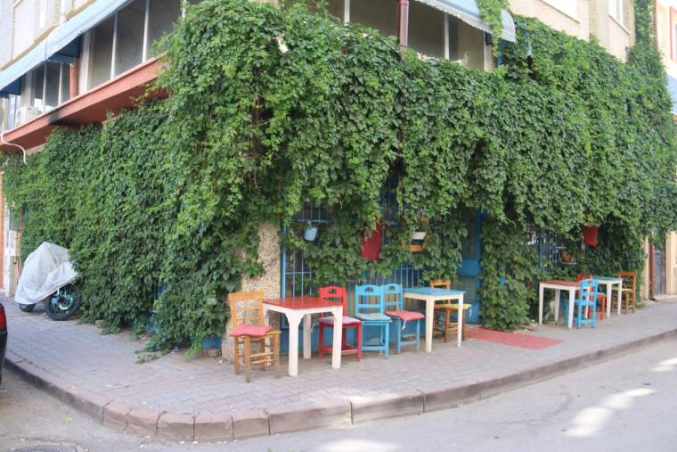 Sarmaşıklarla kaplı bir binanın önünde, kaldırım boyunca farklı renklerde masa ve sandalyeler sıralanıyor.