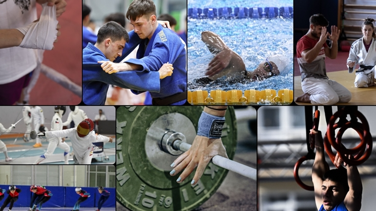 Farklı spor dallarından sporcuların antrenman yaptığı bir kolaj görüntüsü.