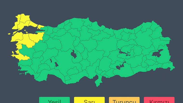 Türkiye haritasında batı ve kuzeybatıdaki bazı iller sarı, diğer bölgeler yeşil renkle gösteriliyor.