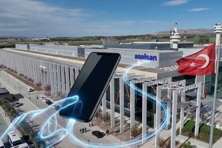Bir tesis binasının önünde akıllı telefon görseli, Türk bayrağı ve “aselsan” yazısı görülüyor.