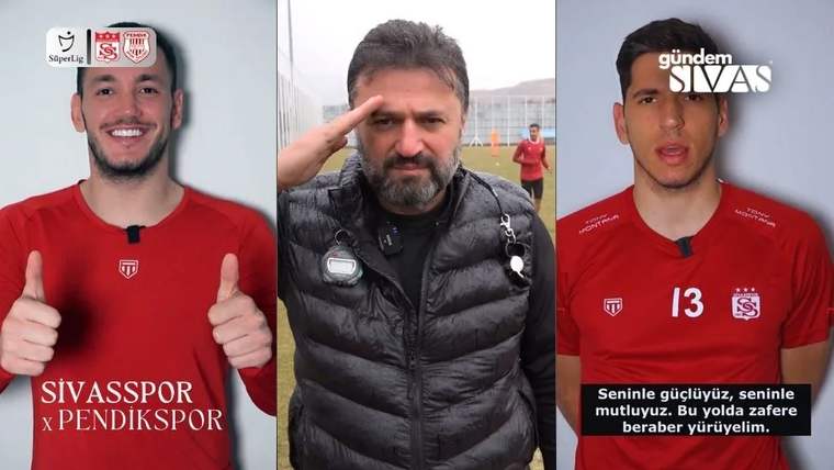 Üç bölümlü kolajda kırmızı formalı iki kişi ve ortada siyah montlu, elini selamlar gibi kaldıran bir kişi görülüyor.