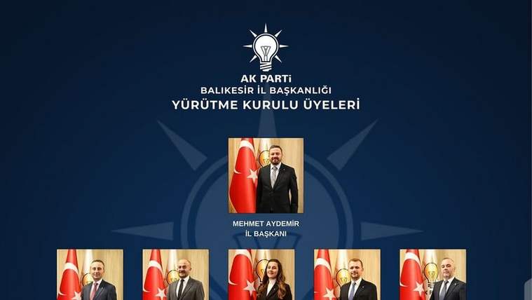 AK Parti Balıkesir İl Başkanlığı yürütme kurulu üyelerini gösteren, Türk bayraklı portrelerden oluşan şema.