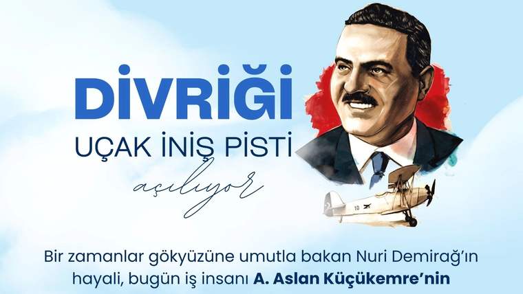 Bir uçak, inşaat halindeki iniş pistinin üzerinde uçuyor. Arka planda Nuri Demirağ'ın resmi var.