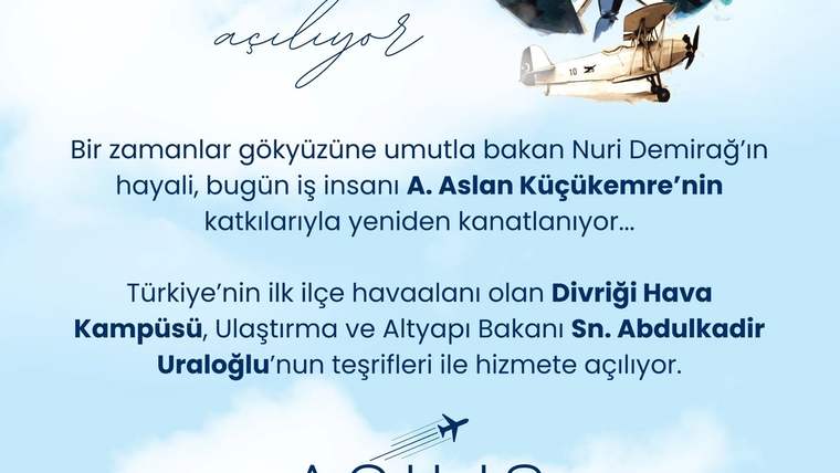 Bir uçak, inşaat halindeki iniş pistinin üzerinde uçuyor. Arka planda Nuri Demirağ'ın resmi var.