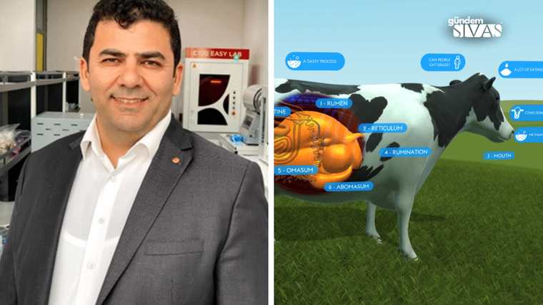 Bir adam, laboratuvar ortamında gülümseyerek poz veriyor; yanında bir inek anatomisi gösteren grafik yer alıyor.