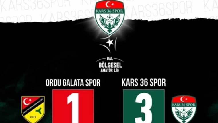 Kars 36 Spor'un 3-1 kazandığı maçın sonucu, Ordu Galata Spor ve Kars 36 Spor logolarıyla gösteriliyor.