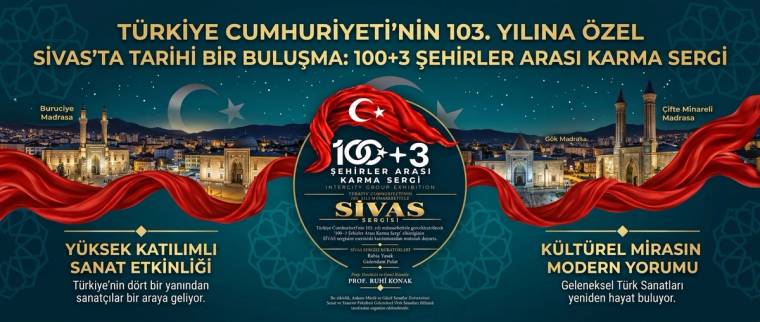 Sivas yazılı sergi afişinde Türk bayrağı, şehir silüeti, kırmızı kurdeleler ve ortada 100+3 amblemi yer alıyor.