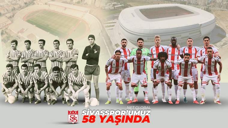Stadyum üzerinde, eski ve güncel futbolcu kadrolarının yer aldığı Sivasspor temalı kolajda 58. yıl yazısı bulunuyor.