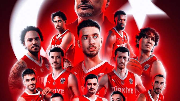 Kırmızı formalar giyen basketbolcular, Türk bayrağı ve “TEŞEKKÜRLER” yazısı önünde kolaj halinde yer alıyor.