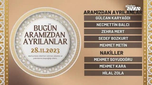 Sivas'ta Bugün Aramızdan Ayrılanlar - 28.11.2023