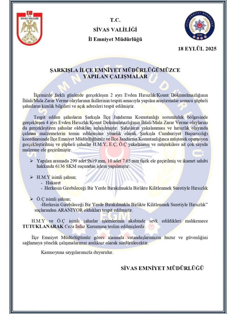 Jandarma başlıklı yazıda Şarkışla’daki operasyon ve iki şüpheli hakkında maddeler halinde bilgiler yer alıyor.