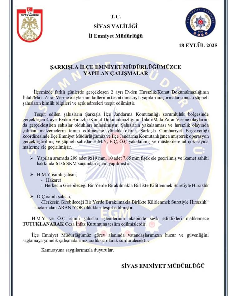 Jandarma başlıklı yazıda Şarkışla’daki operasyon ve iki şüpheli hakkında maddeler halinde bilgiler yer alıyor.