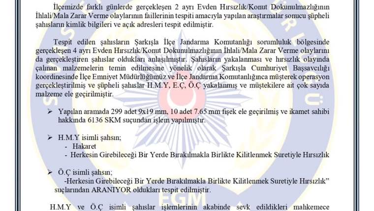Jandarma başlıklı yazıda Şarkışla’daki operasyon ve iki şüpheli hakkında maddeler halinde bilgiler yer alıyor.