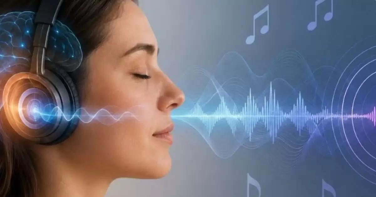 Kulaklık takan, gözleri kapalı bir kadının yanında ses dalgaları ve müzik notaları görülüyor.