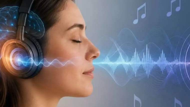 Kulaklık takan, gözleri kapalı bir kadının yanında ses dalgaları ve müzik notaları görülüyor.