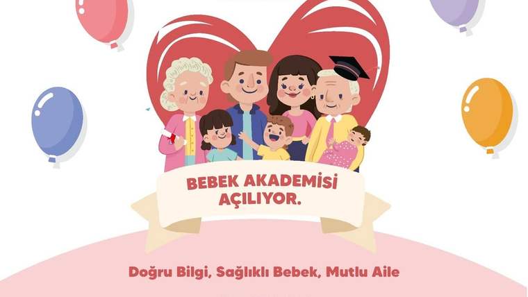 Bebek Akademisi yazılı pankartın arkasında çocuklu bir aile, balonlar ve kalp figürü yer alıyor.