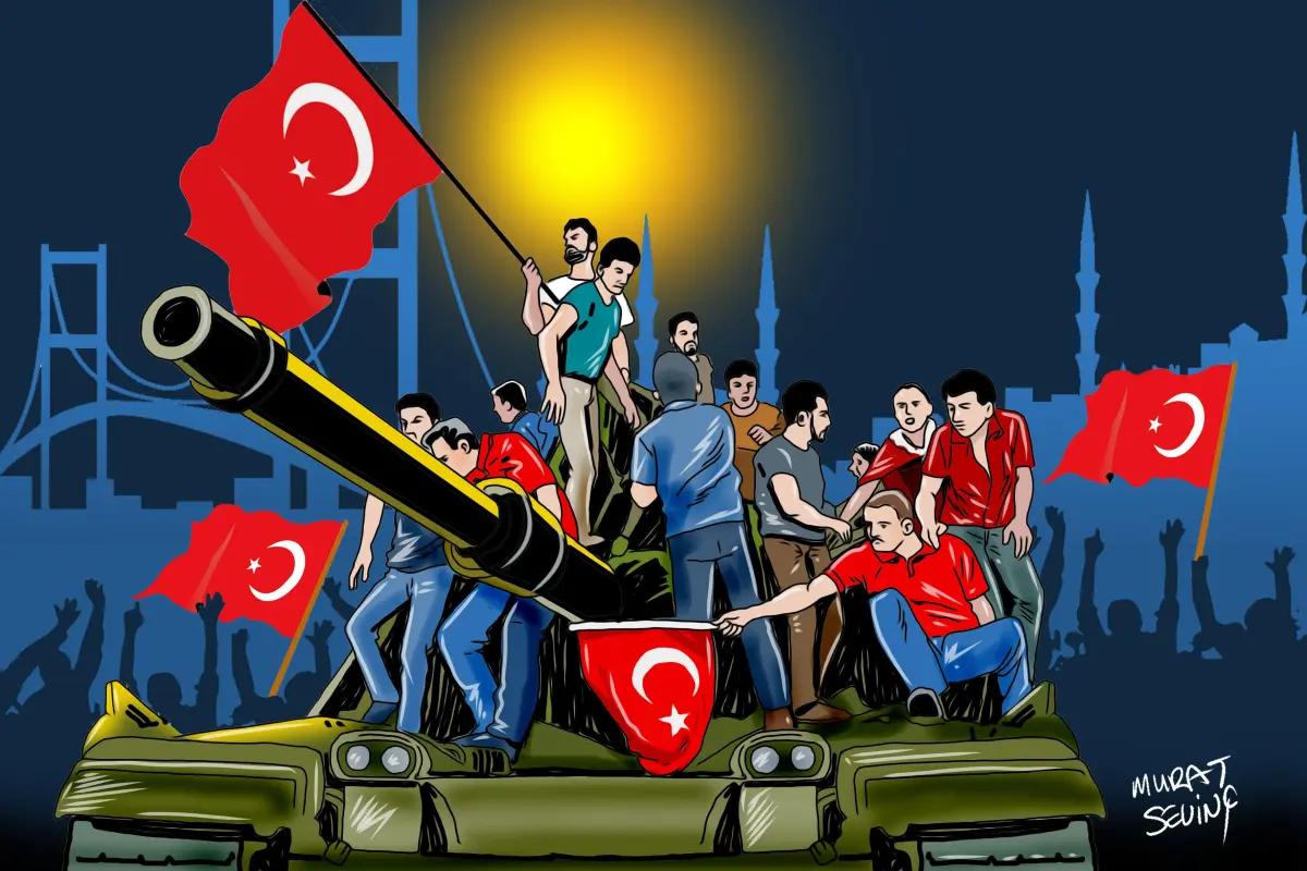 Türk bayrakları taşıyan kalabalık, köprü ve cami silüetleri önünde tankın üzerinde duruyor.