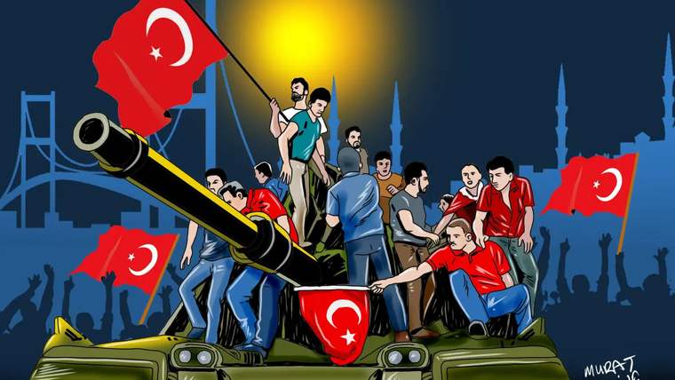 Türk bayrakları taşıyan kalabalık, köprü ve cami silüetleri önünde tankın üzerinde duruyor.