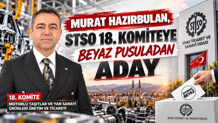 Takım elbiseli bir erkek, sanayi makineleri ve Sivas Ticaret ve Sanayi Odası logosunun bulunduğu kolajda yer alıyor.