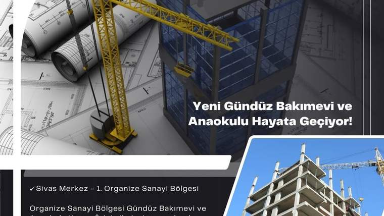 İnşaat alanında bir vinç, yapı planları ve inşaat iskeleti görünmekte.