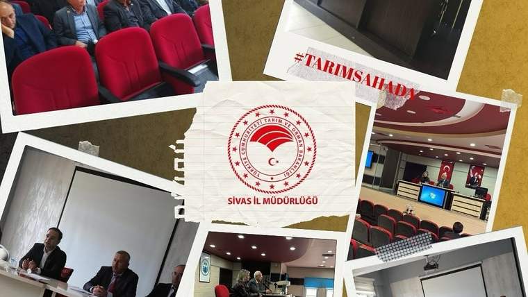 Toplantı salonlarından görüntüler ve oturan kişiler arasında, üzerinde Sivas İl Müdürlüğü yazan kurum logosu yer alıyor.
