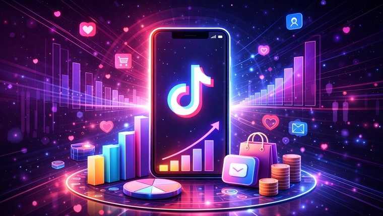 Bir akıllı telefonun ekranında TikTok logosu ve etrafında grafikler, simgeler ve paralar yer alıyor.