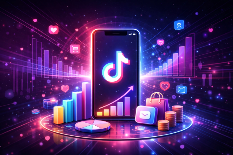 Bir akıllı telefonun ekranında TikTok logosu ve etrafında grafikler, simgeler ve paralar yer alıyor.