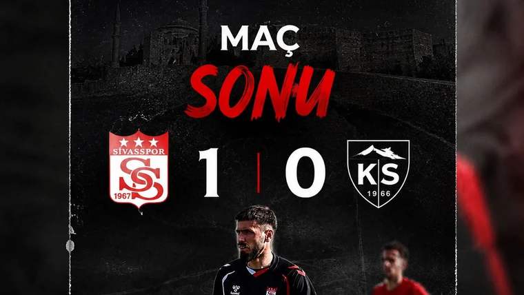 Sivasspor'un logosu ve Kayserispor'un logosu, altında 'MAÇ SONU' yazısı ve 1-0 skoru yer alıyor.