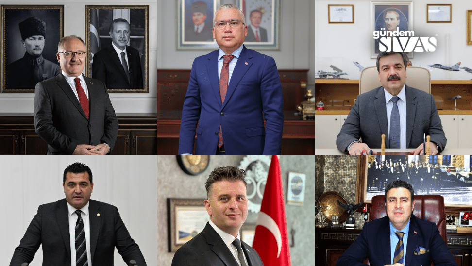 Altı ayrı portrede, takım elbiseli erkekler ofis ve makam odalarında; bazı karelerde Türk bayrağı görülüyor.