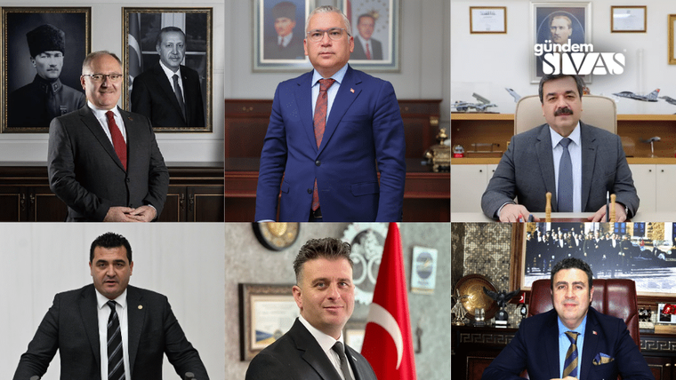 Altı ayrı portrede, takım elbiseli erkekler ofis ve makam odalarında; bazı karelerde Türk bayrağı görülüyor.