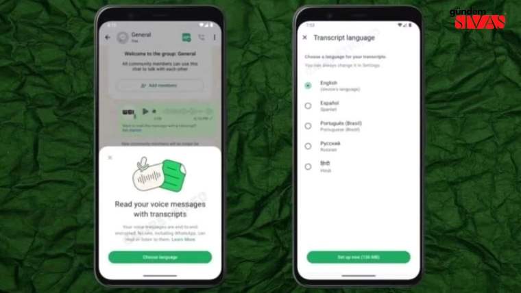 WhatsApp uygulamasında sesli mesajlar için transkript dil seçeneği gösteriliyor.