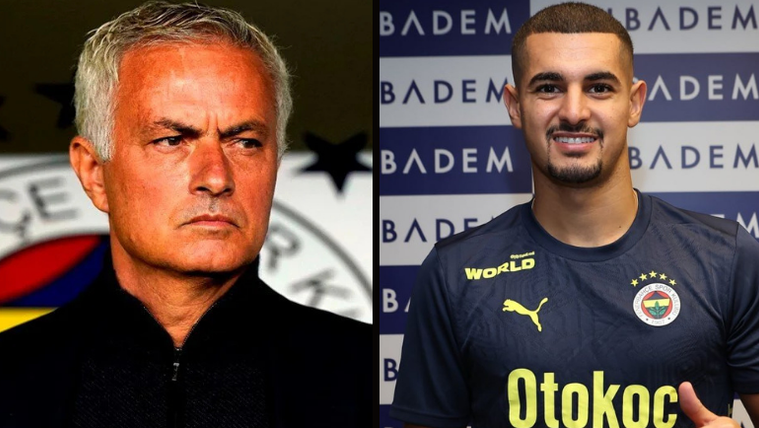 Mourinho'nun yüz ifadesi ve Fenerbahçe forması giymiş bir futbolcu yan yana duruyor.