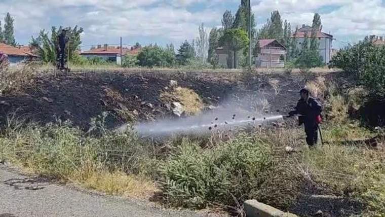 Bir kişi, arazide su püskürterek yangın söndürme çalışması yapıyor.