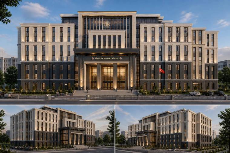 Ön cephesinde Türk bayrağı bulunan, üç açıdan sunulan büyük ve simetrik bir adliye binası tasarımı.