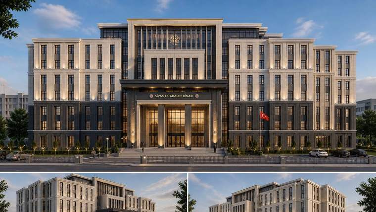 Ön cephesinde Türk bayrağı bulunan, üç açıdan sunulan büyük ve simetrik bir adliye binası tasarımı.