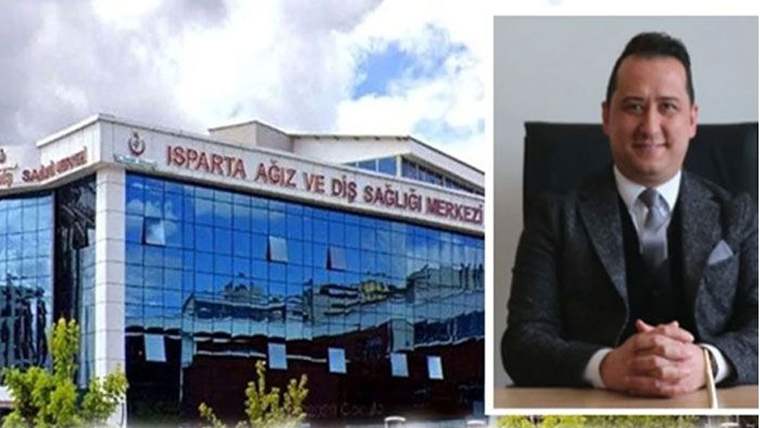 Üzerinde “Isparta Ağız ve Diş Sağlığı Merkezi” yazan bina ile takım elbiseli bir kişinin portresi yan yana.