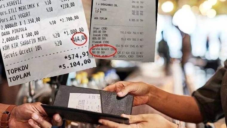 Bir çalışanın tuttuğu hesap cüzdanındaki fiş, üzerinde servis ücreti işaretlenmiş başka fişlerle birlikte görülüyor.