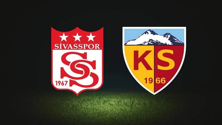 Yeşil zemin üzerinde Sivasspor ve Kayserispor futbol kulüplerinin armaları yan yana duruyor.