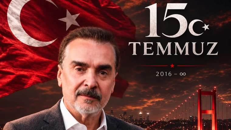 Arka planda Türk bayrağı ve Boğaziçi Köprüsü görünürken, bir kişi ciddi bir ifadeyle kameraya bakıyor.