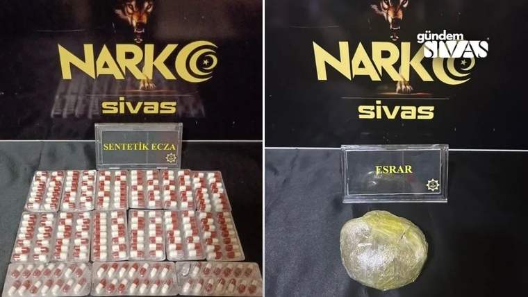 Narko Sivas yazılı zeminde, “sentetik ecza” etiketli çok sayıda hap ve “esrar” etiketli paket yer alıyor.
