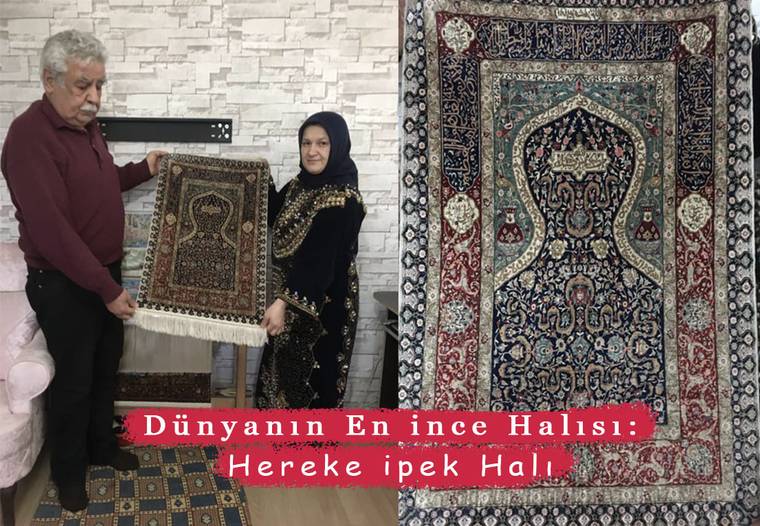 İki kişi desenli bir halıyı tutarken, yanında büyük işlemeli Hereke ipek halısı ve başlık yazısı görülüyor.