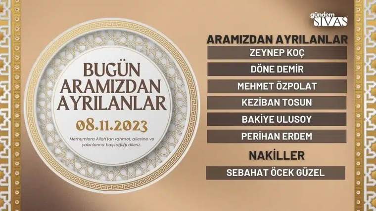 Krem zeminli duyuruda dairesel süsleme içinde “Bugün aramızdan ayrılanlar” yazısı ve isim listesi yer alıyor.