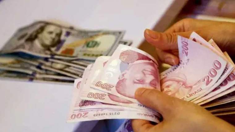 Bir kişinin elinde Türk lirası banknotları var, arka planda ise dolar banknotları yığılmış.